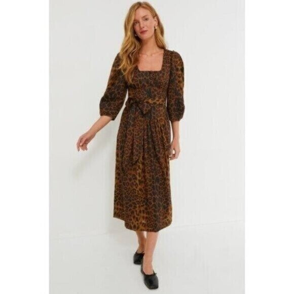 Tuckernuck NEW Leopard Graciela Puff Sleeve Square Neck Midi Dress Size 14